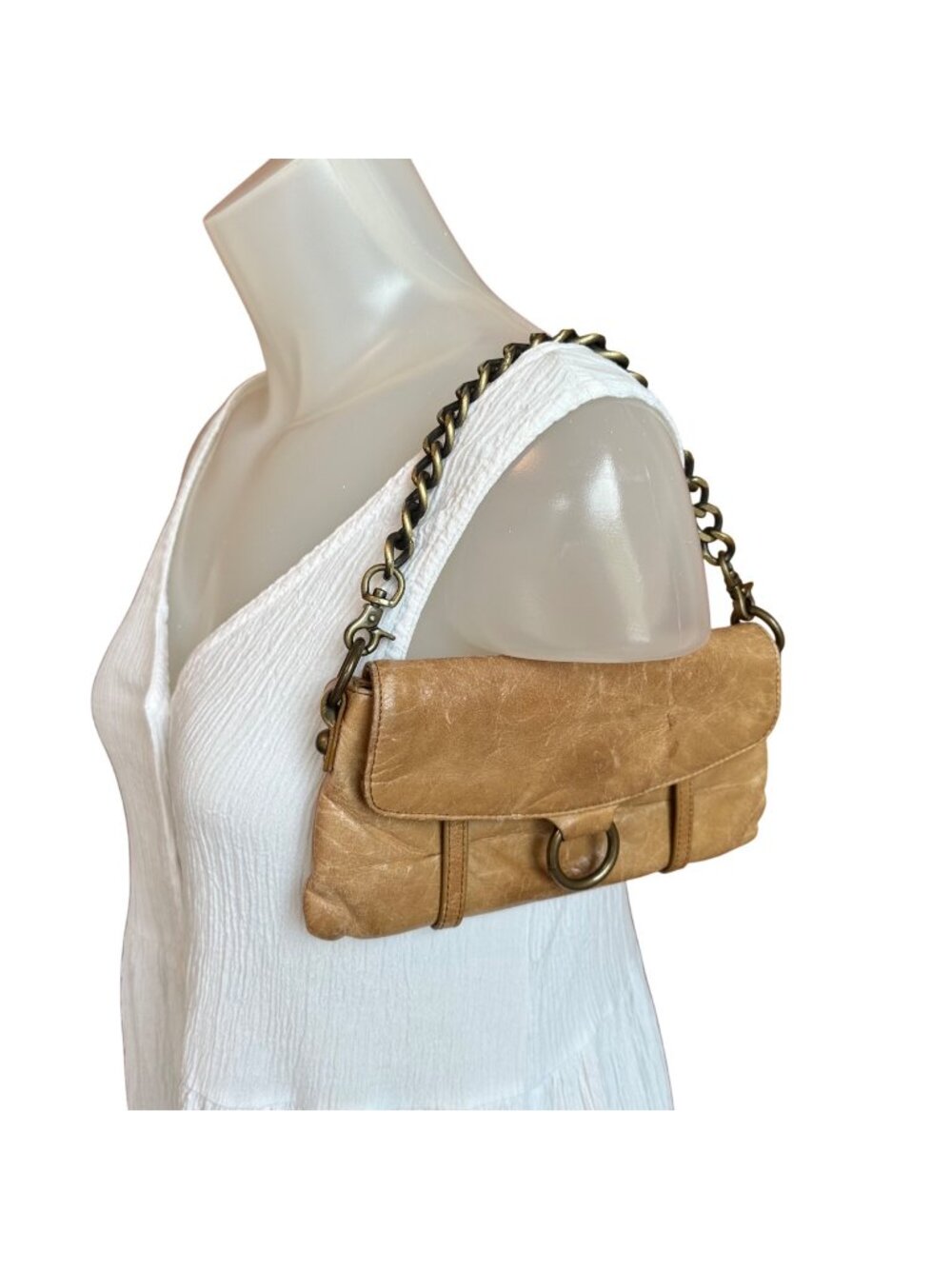 Hobo International Mini Clutch Shoulder Bag Glazed Leather Tan Y2K Foldover